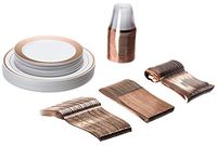 Plastic Dinnerware 150 Piece Set – 25 Dinner Plates, 25 Salad Plates, 25 Tumblers, 25 Spoons, 25 knives, 25 Forks – Premium Utensils Supplies For Wedding, Family Reunion, Thanksgiving - Rose Gold