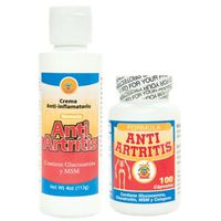 Anti Artritis tratamiento de Crema y capsulas con Glucosamina, Condroitin y Colageno. Alivia Dolor en coyunturas, huesos, reumas.