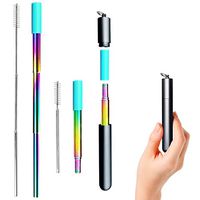 Tecvinci Reusable Collapsible Straw, Rainbow 9.25'' Telescopic Stainless Steel Metal Straws, BPA-Free, FDA Approved Telescopic Reusable Straw with 1 Black Case, 1 Cleaning Brush, 1 Silicone Tip