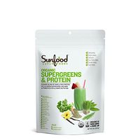 Sunfood Organic Supergreens & Protein | New Plant-Based Protein Blend (Pea, Hemp, Almond, Pumpkin) 19 Green Superfoods, Enzymes & Probiotics | Gluten, Soy & Dairy Free | Zero Fillers Additives | 8 oz