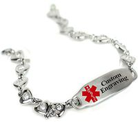 My Identity Doctor Custom Engraved Medical Bracelet 316L Stainless Steel Hearts, Round 2mm Cubic Zirconia - Wrist Size 7 Inch