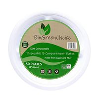 BioGreenChoice 10in. Compostable Fiber-Molded Bagasse/Natural Sugarcane Disposable Three Compartment Plate – Microwave Safe, Biodegradable & Compostable Plate (50 Count)