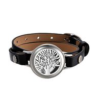 OIDEA Mens Womens Hollow Tree of Life Charm Essential Aromatherapy Oil Diffuser Locket Leather Wrap Bracelet with 8 Color Pads,Size Adjustable,Black