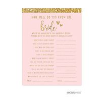 Andaz Press Blush Pink Gold Glitter Print Wedding Collection, How Well Do You Know The Bride? Bridal Shower Game Cards, 20-Pack