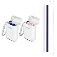 KeeGan Collapsible Reusable Straws - Portable Silicone Drinking Straw with Cleaning Brush & Travel Case for Home and Outdoor (Blue & Pink)