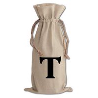 "T" Casual Initial Monogram Letter T Cotton Canvas Wine Bag, Cotton Drawstring