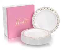 Harlita Rose-Gold Plastic Plates for Weddings – 50 x Strong yet Elegant Plates for Parties, Exclusive Floral Design, Disposable, Reusable and Won’t Bend with Food – BPA-free – 10.25 inch