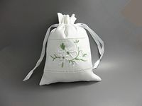 White Linen Gift Bags Drawstring Embroider Sachet Mini Flowers Green Leaf 5" x 7" Pack of 2 (color1)