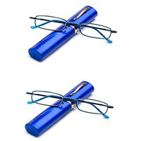 Newbee Fashion -"Pocket" Readers Ultra Compact Spring Temple Reading Glasses w/Portable Pocket Clip Aluminum Case Blue +1.75