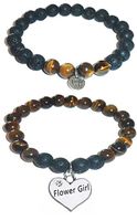 Hidden Hollow Beads Charm Tigers Eye and Black Lava Natural Stone Women's Yoga Beaded Stretch Bracelet Set. Comes in A Gift Box! (Flower Girl)