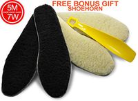 Sheep wool felt insoles, 5M & 7W size for men & women, cozy breathable stylish unisex replacement for work & winter boots, rubber & sport footwear, home shoes, 8mm thick 2 pairs, FREE shoehorn, 803295