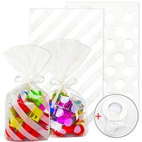 ADIDO EVA 200 Packs White Stripe Cellophane Bags and White Polka Dot Candy Bags 8.3 x 5.1 x 1.6 in Clear Plastic Treat Bags with Ties for Cookie Candy Snack Wrapping Party Favor Bags
