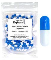Capsules Express- Size 0 Blue and White Empty Gelatin Capsules 100 Count- Kosher and Halal Certified - Gluten-Free Pure Bovine Gelatin Pill Capsule - DIY Powder Filling