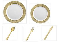 250 Pieces Premium Plastic China Plates Silverware Combo for 50 Guests WHITE with GOLD LACE Border and GOLD SILVERWARE Elegant Disposable Dinnerware - Weddings, Banquets, Parties Heavyweight Plastic