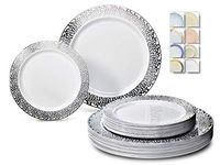 " OCCASIONS" 120 Plates Pack,(60 Guests) Premium Wedding Party Disposable Plastic Plates Set -60 x 10.25'' Dinner + 60 x 7.5'' Salad/Dessert (Florence White/Silver)