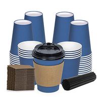 Savourio 12 Oz Disposable 100 Pack Stirring Straws, Lids, Hot Coffee Container – Blue Short Tea Go – Leakproof Paper Sleeves Cups, Sapphire