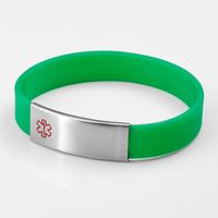 StickyJ USA Green Silicone Bracelet with Medical Tag Size LG with Free Engraving