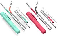 Asobu Reusable Metal and Silicone Straw with Cleaning Brush and Case (Red black/mint coral)