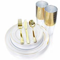Elegant Gold Trim Plastic Disposable Plates Silverware Cups Set of 150pcs. With 25 Dinner Plates - 25 Salad Dessert Plates - Heavy Duty Cutlery (25 Forks 25 knives 25 Spoons) Gold Rim Party Utensils