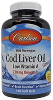 Carlson - Cod Liver Oil Gems, Low Vitamin A, Omega-3s EPA & DHA, Promotes Heart, Brain, Vision & Joint Health, Lemon, 150 soft gels