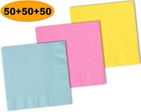 150 Beverage Napkins, Lemon Yellow, Pastel Blue, Candy Pink - 50 Each Color. 2 Ply Paper Cocktail Napkins. 5" folded, 10" unfolded.