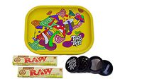 Rolling Tray Bundle with Grinder | Set Includes - Psychedelic Mushroom Metal Tray, 2 Packs Raw King Size Slim Rolling Papers & 4-Piece Zinc Grinder
