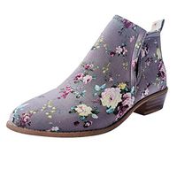 Kauneus Women's Boho Flower Print Vintage Ankle Booties Round Toe Low Heel England Fashion Boots Plus Size Gray