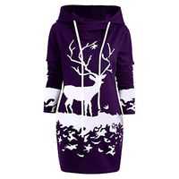 Coupondeal Womens Christmas Monochrome Reindeer Printed Hooded Drawstring Mini Dress(Purple,2XL)