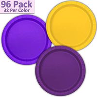 96 Paper Dinner Plates (9") - Sunshine Yellow, Neon Purple, Deep Purple - 32 Per Color, 3 Colors - Great Assortment for Birthday Parties, Weddings, Holidays, Baby Shower, Celebrations, and more