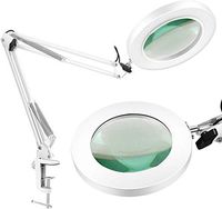 LANCOSC Magnifying Glass Desk Lamp with Clamp - White/Warm White Lighted 5-Diopter Magnifier Lens - Adjustable Metal Swivel Arm LED Light for Reading, Crafts, Professional Tasks (White)