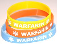 Warfarin Medical Alert 3-Pack Adult Size Bracelets (8 inch) (Yellow, Orange, Light Blue)