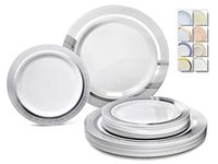 " OCCASIONS" 120 Plates Pack,(60 Guests) Heavyweight Premium Wedding Party Disposable Plastic Plates Set -60 x 10.5'' Dinner + 60 x 7.5'' Salad/Dessert (Palace White & Silver)