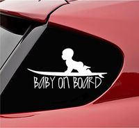 Slap-Art Baby on Board with Baby on surf Board Vinyl Decal Sticker (White)