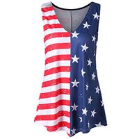 4th of July Two Color Splice Summer Fashion Women Stripe America Flag Printed V-Neck Sleeveless Tank Up Blouse Red