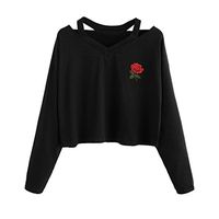 Clearance! Women's Swyss Rose Print T-Shirt Long Sleeve Causal Sweatshirt Crop Tops Blouse New (L, Black)