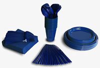 350 PCS Disposable Tableware Combo Pack INCLUDES: 50 9" Blue Plastic dinner plates | 50 7" plastic appetizer plates |50 plastic cups | 50 paper napkins | 50 plastic cutlery spoons forks & knives