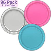 96 Paper Dinner Plates (9") - Hot Pink, Silver, Aqua - 32 Per Color, 3 Colors - Great Assortment for Birthday Parties, Weddings, Holidays, Baby Shower, Celebrations, and more