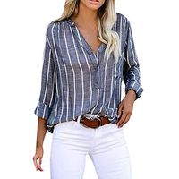 Meikosks Ladies Stripe Blouses V-Neck Long Sleeve Tops Loose Casual Shirt Studio Tunic with Pocket Blue
