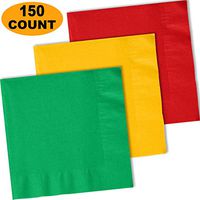 150 Lunch Napkins, Emerald Green, Sunshine Yellow, Red - 50 Each Color. 2 Ply Paper Dinner Napkins. 6.5" Folded, 13.5" Unfolded.