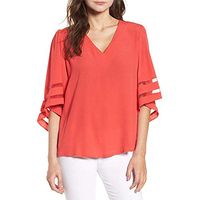 Aniywn Women Loose Flare Sleeve Short Sleeve Pullover Tops Casual V Neck Solid Color T-Shirt Watermelon Red