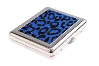 High-grade Stainless Steel Cigarette Case, with faux fur pattern, holds 18 cigarettes, colour: blue/black, Mod. 767-02 (US)