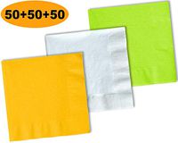150 Beverage Napkins, Sunshine Yellow, Bright White, Lime Green - 50 Each Color. 2 Ply Paper Cocktail Napkins. 5" folded, 10" unfolded.