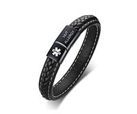 VNOX Medical Alert ID NUT Allergy Black Handmade Braided Genuine Leather Magnetic Cuff Bangle Bracelet