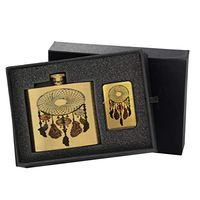 Dreamcatcher Pattern - Gold Lighter and Pocket Hip Liquor Flask Survival Camping Gift Box Set
