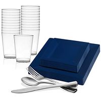 Disposable Plastic Dinnerware Set for 60 Guests - Includes Fancy Square Blue Dinner Plates, Dessert/Salad Plates, Silverware Set/Silver Cutlery & Cups For Wedding, Birthday Party & Other Occasions