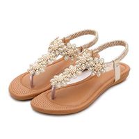 Cenglings Women Casual Clip Toe Rhinestone Pearl T-Strap Sandals Casual Wedges Elastic Band Bohemian Beach Shoes Gold