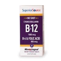 Superior Source Vitamin B12 Cyanocobalamin 1000 mcg Instant Dissolve Tablets, Vitamin B6, Folic Acid - Sublingual No Shot B12 60 Count