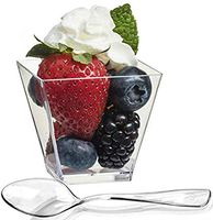 Zappy 100 Square Mini Dessert Cups 2oz Clear Tasting Sample Shot Glasses 100 Ct Dessert Cups with Spoons Disposable Plastic Appetizer Bowls Mini Parfait Cups Small Tumblers and Mini Spoons