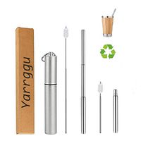 Reusable Collapsible Straw, Portable Drinking Metal Straws Case and Cleaning Brush For Party Travel Outdoor Bar Yarrggu (Metal Silver, Stainless Steel)