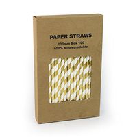 Gold Foil Striped Paper Straws Bulk, Shiny Metallic Golden Paper Drinking Straws for Wedding 1st Birthday Party Holiday Christmas Anniversary New Year, Cake Pop Sticks(Gold Foil Stripe, 100)